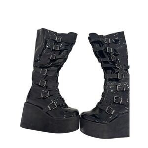 Demonia Trinity-102 Black Patent Multi Strap Platform Wedge Boots Womens 41
